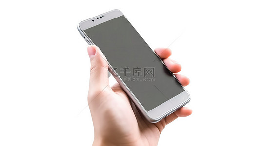 拿着手机3d背景图片_拿着手机的手的 3D 渲染白色背景图像