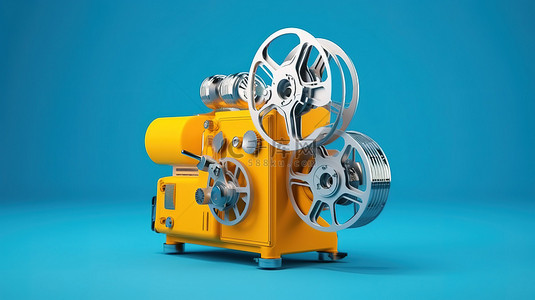 孤立的蓝色表面展示黄色 3D 电影放映机
