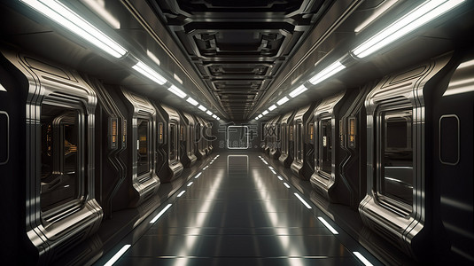 3d 宇宙飞船内部的未来派走廊