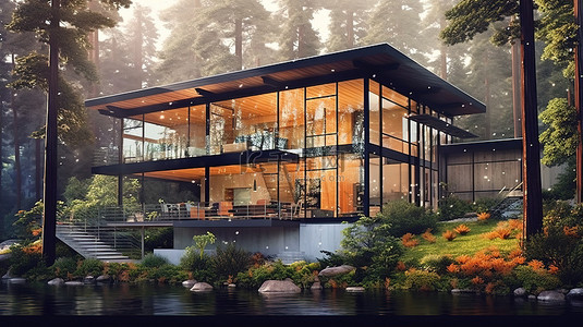 林中木屋背景图片_宁静森林中的豪华住所 3D 可视化