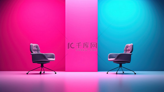 领导办公桌背景图片_在对抗概念 3D 渲染中，冲突元素在双色调背景下与粉色和蓝色的老板椅和桌子对决