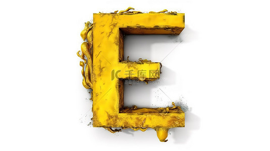 复古小写字母 e 3d 渲染在光滑的金属纹理上，带有褪色的黄色油漆