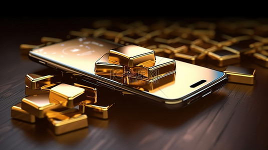 优雅的构图智能手机在 3D 渲染中与金条相对