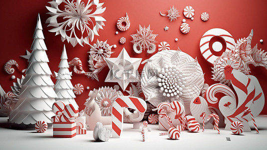 节日的 3D 渲染纸工艺品装饰着悬挂的雪花礼品盒树木星星和糖果手杖圣诞节