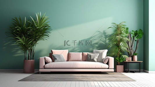 绿色简约家居背景图片_简约客厅的 3D 渲染，配有热带沙发绿墙模型和植物