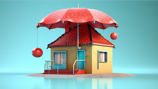 在 3D 渲染中保护房屋的雨伞