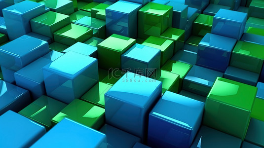 色块图形背景图片_抽象 3D 渲染中的各种蓝色和绿色块