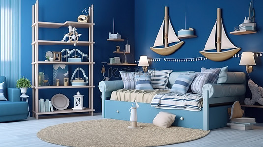 海洋主题背景图片_为兄弟姐妹设计的海洋主题儿童房，蓝色色调的内饰，配有两张单人床和 3D 渲染的米色沙发