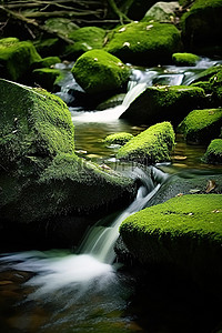 溪流瀑布背景图片_一条快速流动的溪流在绿色岩石和绿色苔藓的森林中流过