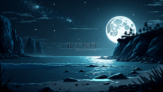 月蓝色背景图片_大海夜晚月亮海水背景