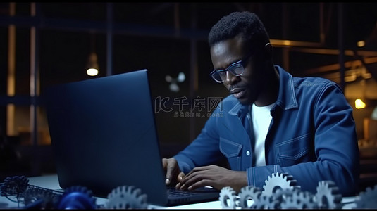 时间齿轮背景图片_深夜生产力一位非洲工程师在启动办公室的笔记本电脑上设计 3D 工业齿轮