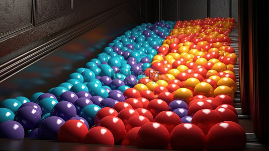 五颜六色的球在令人惊叹的 3D 插图中从楼梯上下来