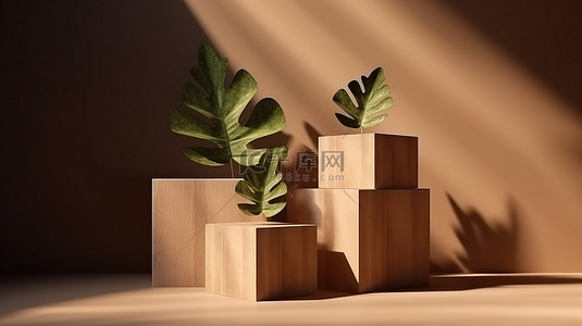 3 个木制立方体形状的讲台模板的高级照片，在 3D 渲染中带有叶子阴影