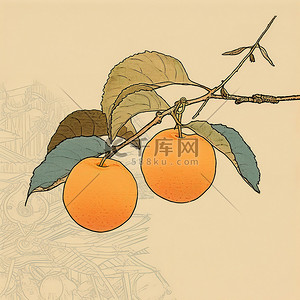 坐在树枝背景图片_两个橙子坐在有叶子的树枝上
