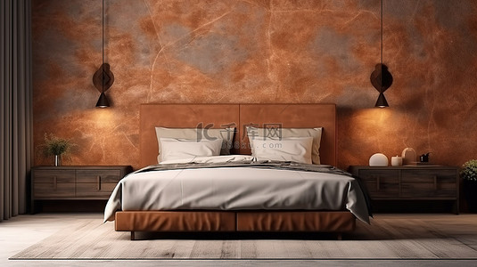 3D 渲染别致的卧室，配有床衣橱落地灯边桌和纹理墙