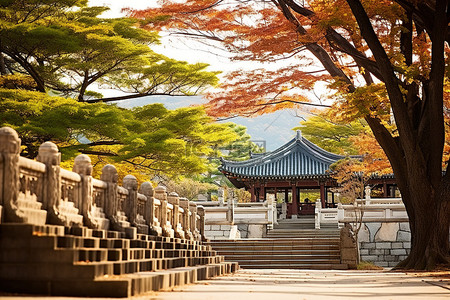 寺庙旅行背景图片_美丽的秋日，韩国 pangnaum 寺庙群