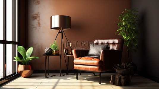 小房子部分配有皮革扶手椅的舒适棕色客厅的 3D 渲染