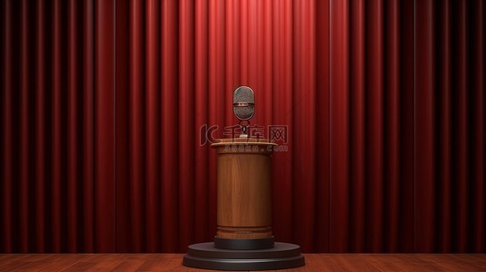 站立的麦克风背景图片_带 3d 木制讲台和麦克风的红色窗帘背景