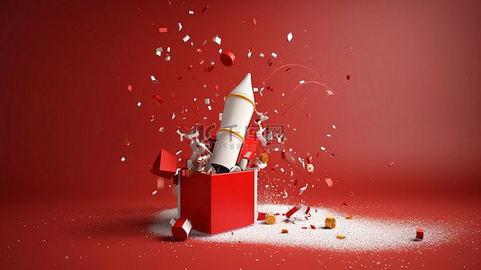 新年贺卡的节日背景 3D 礼品火箭和五彩纸屑，带有文本空间