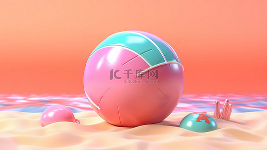 娱乐设计背景图片_充满活力的充气球玩具，在粉红色的夏日背景下享受海滩乐趣，气球设计以 3D 渲染