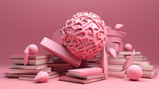 粉红色大脑的抽象 3D 渲染，带有书籍和圆圈，增强心理能力