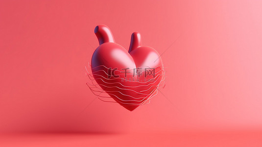 卡通最小心跳脉冲图标，粉红色背景上带有 3D 红心，描绘心脏病学和医学概念渲染插图