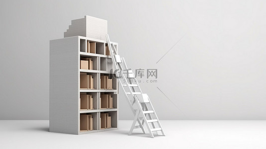 创新想法白色背景 3D 渲染上的梯子和盒子