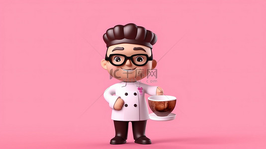 可爱的烹饪艺术家在 3D 粉红色背景下展示咖啡杯