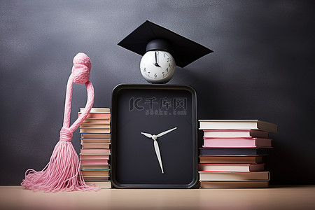 毕业粉色背景图片_沙漏毕业帽和墙上的书