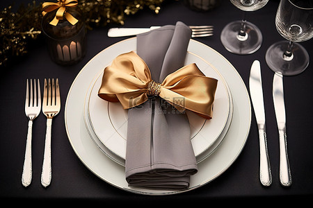 装饰刀背景图片_圣诞餐桌布置装饰，配有金丝带和叉子