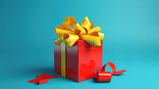 红色背景上用蓝色蝴蝶结绑着的礼物盒的 3D 渲染