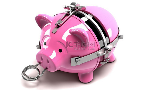 粉红色小猪背景图片_白色背景展示了带有粉红色存钱罐的金属熊陷阱的 3D 渲染