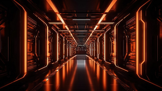 橙色世界背景图片_科幻插图霓虹橙色宇宙飞船走廊在黑色背景下的 3D 渲染