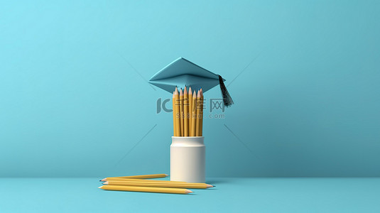 教育蓝色培训背景图片_蓝色背景下毕业帽和铅笔的学术象征主义 3D 渲染