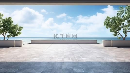 道路蓝色背景图片_海滩和海洋背景的灰色沥青空置停车场 3D 渲染
