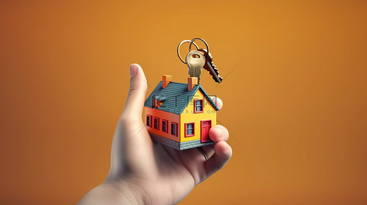 卡通房子手背景图片_卡通手抓着房子形状的钥匙圈的 3D 插图