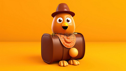 旅行箱旅行背景图片_黄色背景上带有橙色旅行箱的棕色鸡蛋吉祥物的 3D 渲染