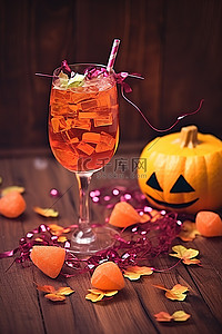 南瓜和南瓜花背景图片_木桌上的橙色南瓜饮料杯和五彩纸屑