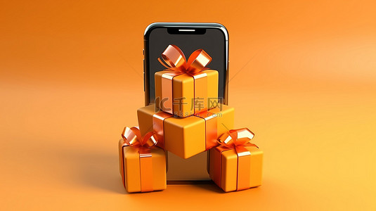 新年人物背景图片_在线商店智能手机屏幕上显示的圣诞礼物的卡通风格 3D 插图