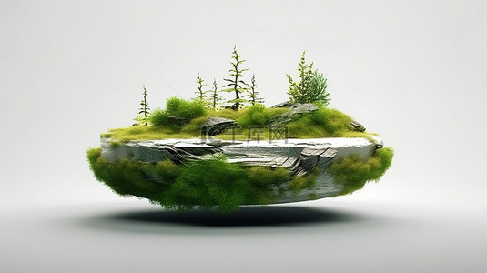 一个孤立的浮岛，绿草茂盛，超现实的 3D 渲染