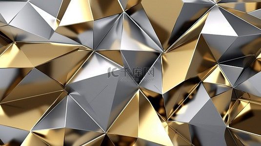 科技感理念背景图片_未来派三角形背景现代数字 3D 渲染金银