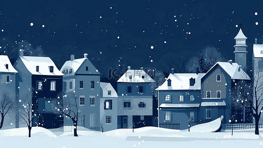 冬季蓝色卡通背景图片_卡通房子外面大雪白色屋顶