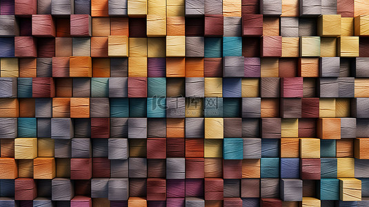 抽象背景中多彩多姿的木质立方体的极端特写 3D 渲染