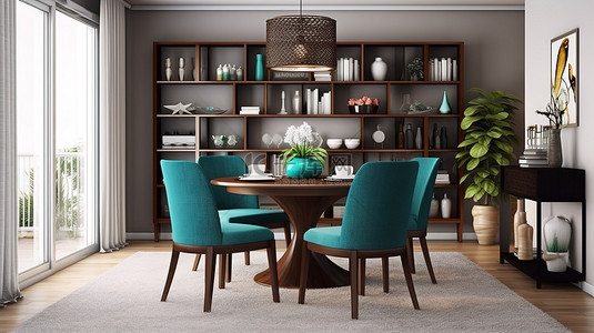 蓝色窗户背景图片_餐厅的 3D 渲染配有棕色圆桌蓝色软垫椅子和架子上的厨房装饰，架子上铺着棕色地毯