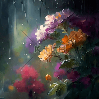 雨背景图片_雨滴花朵油画雨天花卉背景