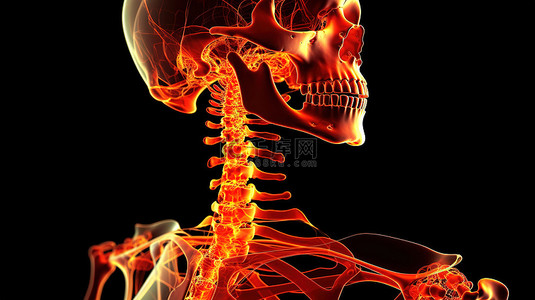 受损骨骼结构的 3D 渲染，可见骨痛，以红光突出显示，重点关注锁骨区域