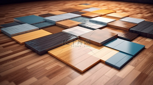 用于在 3D 插图中安装镶木地板层压木板和瓷砖的各种地板件