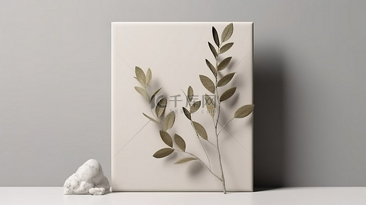 3D 渲染植物邀请卡，带有空矩形画布和绿叶封面