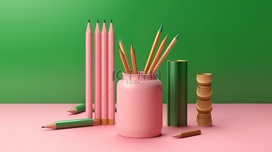 铅笔想象背景图片_重新想象教育，通过 3D 渲染在充满活力的粉红色背景上展示书籍和铅笔的力量