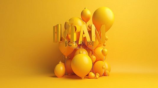 秋天欢迎您在黄色背景上渲染 3D 文本，带有气球和阴影